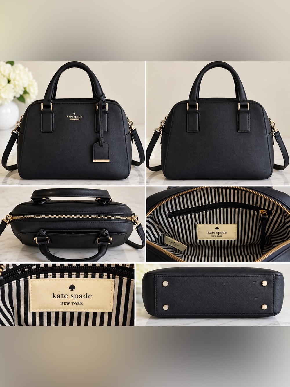 Kate Spade New York Black Saffiano Leather Satchel Crossbody Bag Gold Hardware